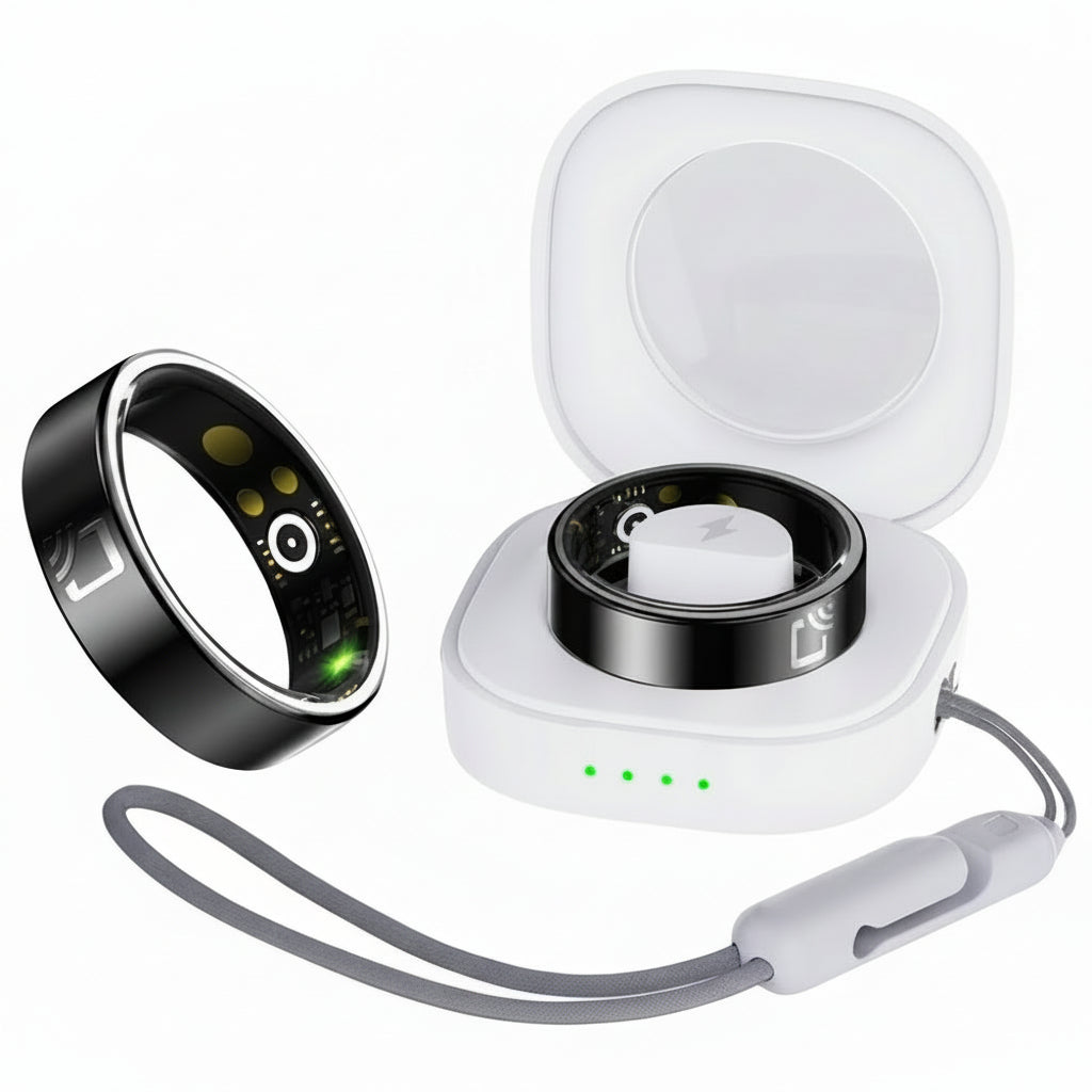 NFC smart ring with charging case on a light pink background