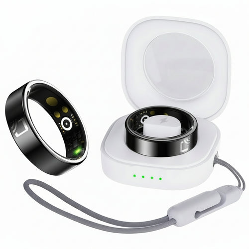 NFC smart ring with charging case on a light pink background